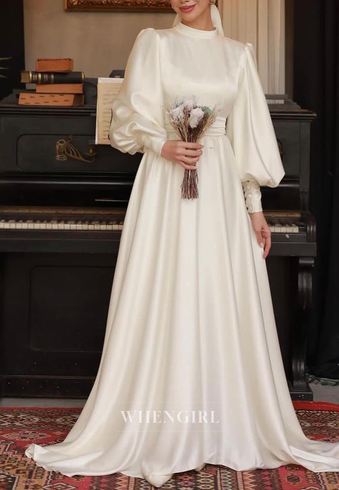 Simple Long Sleeves High Neck A-Line Sweep Train Satin Wedding Dress