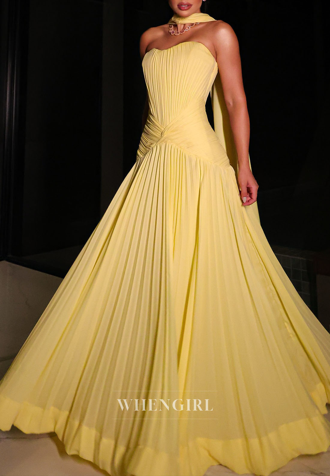Daffodil Pleated Sleeveless Sweetheart A-Line Draped Evening Dress formal Gown