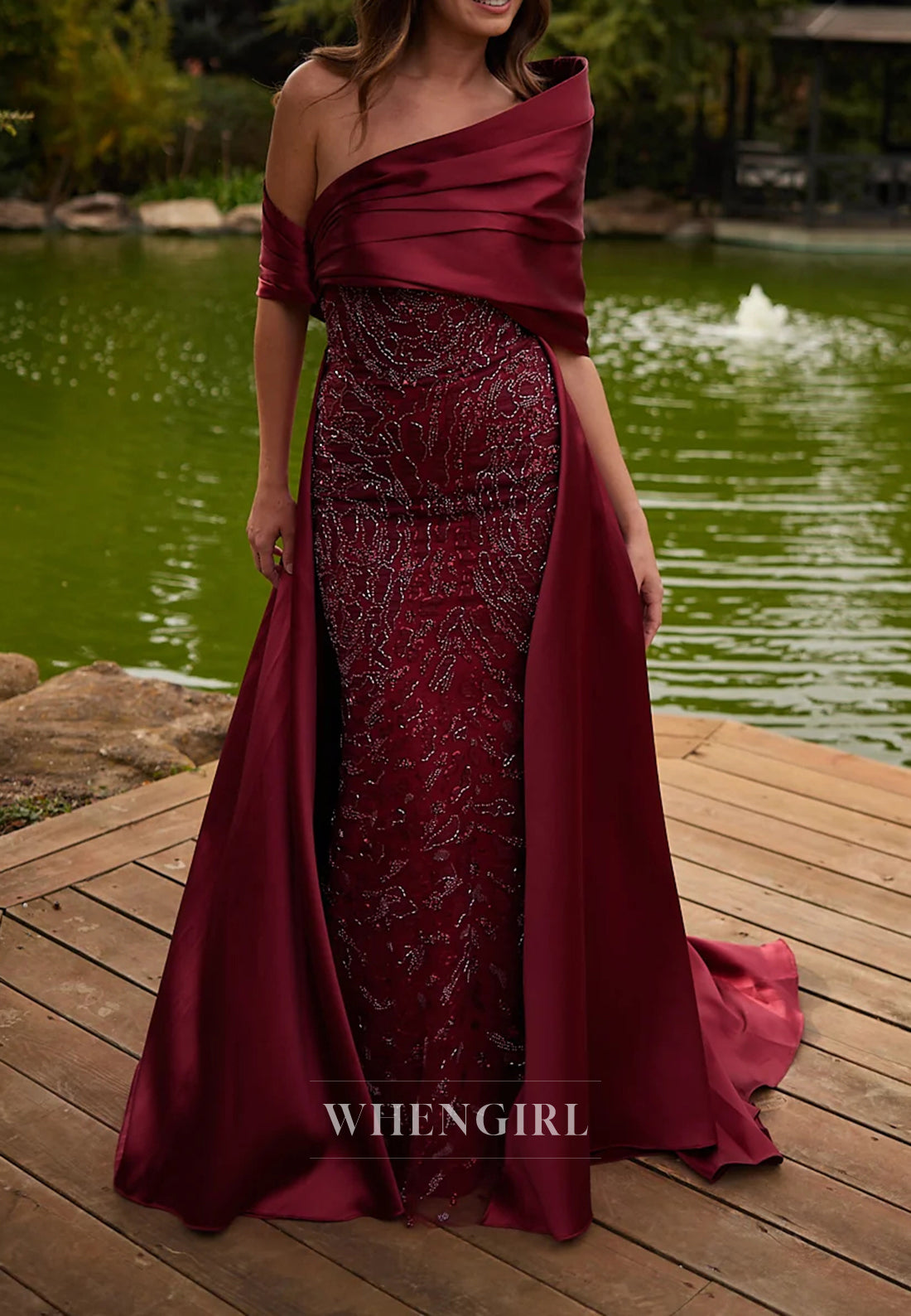 Burgundy Asymmetrical Neck Beaded Sheath Mother of the Bride Dress with Train