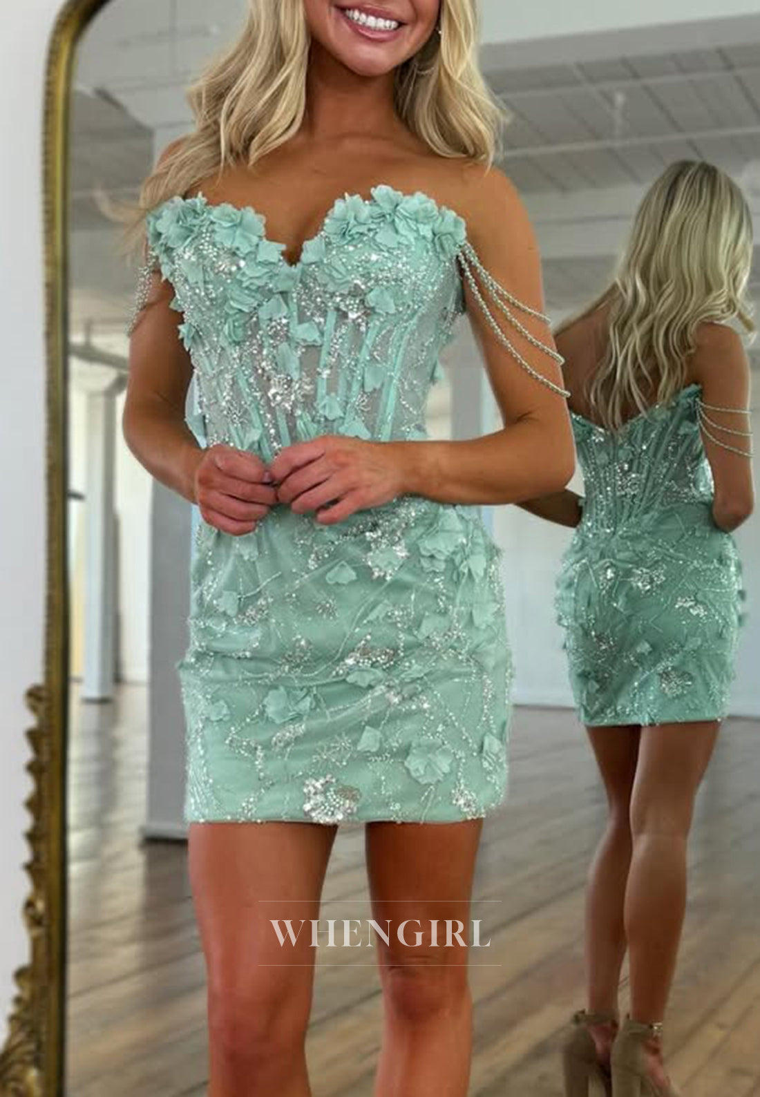 Turquoise Sweetheart Off Shoulder Floral Sheath Back Zipper Sleeveless Homecoming Dress