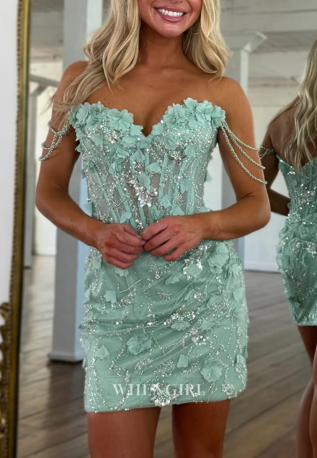 Turquoise Sweetheart Off Shoulder Floral Sheath Back Zipper Sleeveless Homecoming Dress