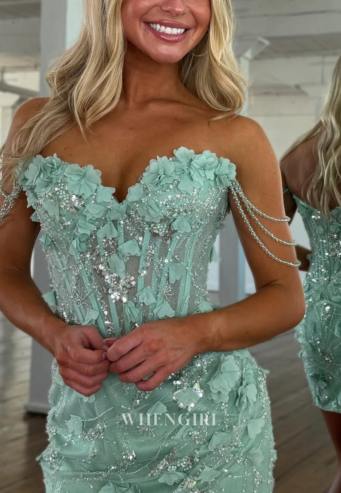 Turquoise Sweetheart Off Shoulder Floral Sheath Back Zipper Sleeveless Homecoming Dress