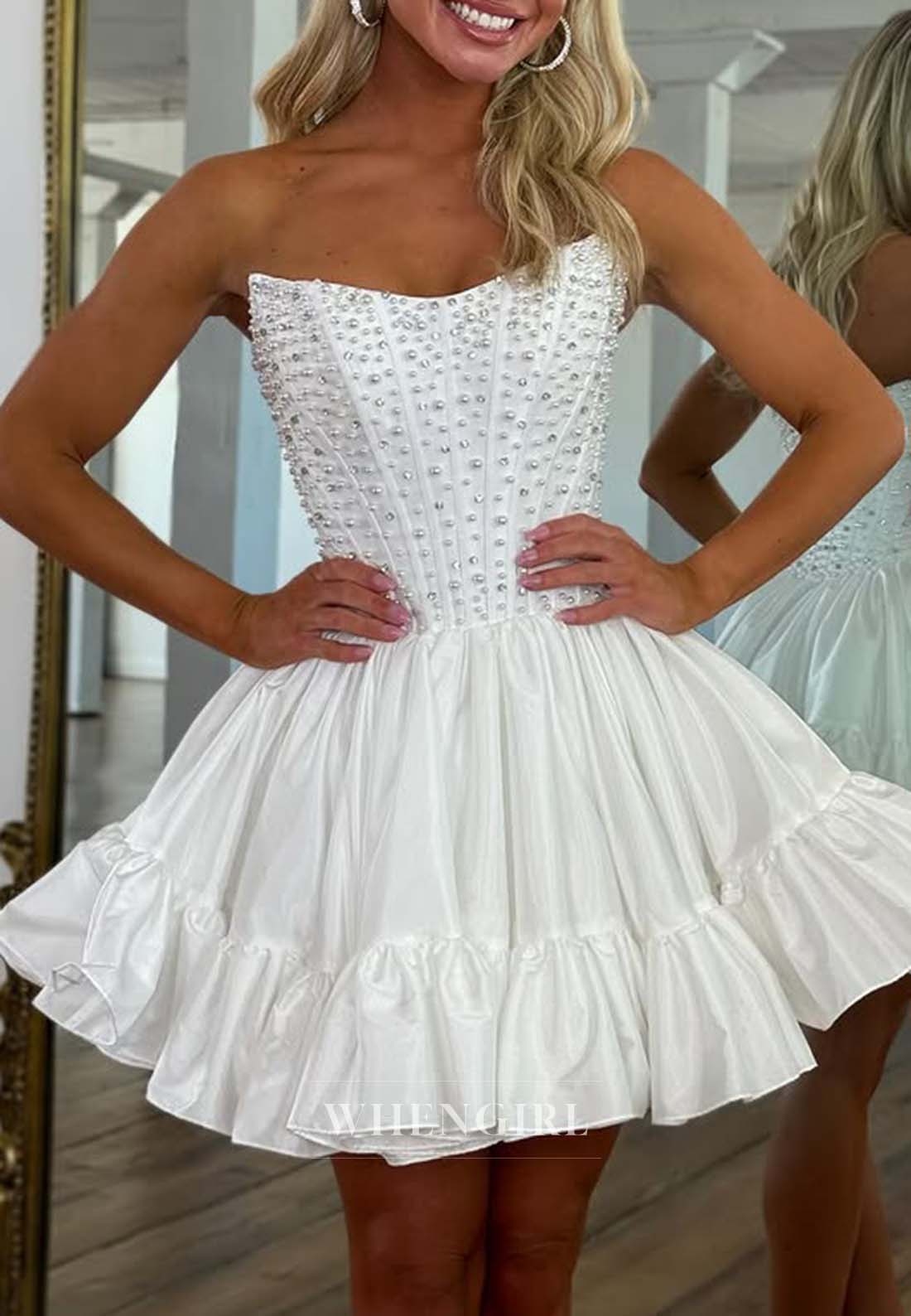 A-Line Ruffle Pearls Sleeveless 8th Grade Dance Beaded Strapless Homecoming Dress