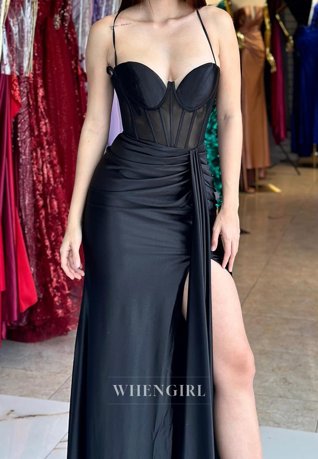 Elegant Spaghetti Straps Sweetheart Sheath Pleated Satin Formal Prom Dresss with Slit