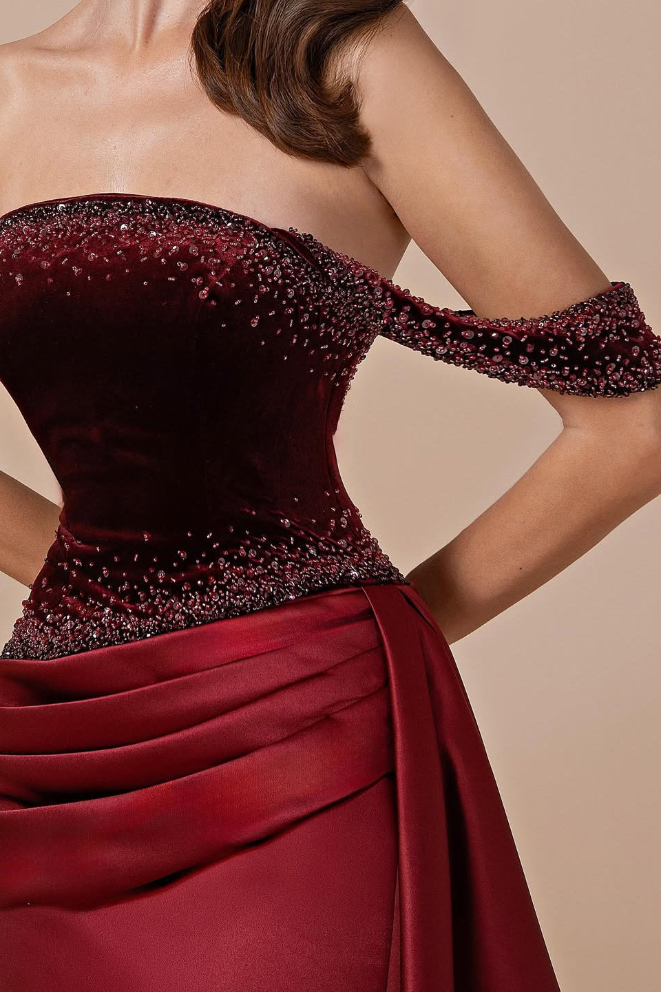 Glamorous Burgundy Off-The-Shoulder Satin Prom Dresses Mermaid Beads With Zipper Ruffles