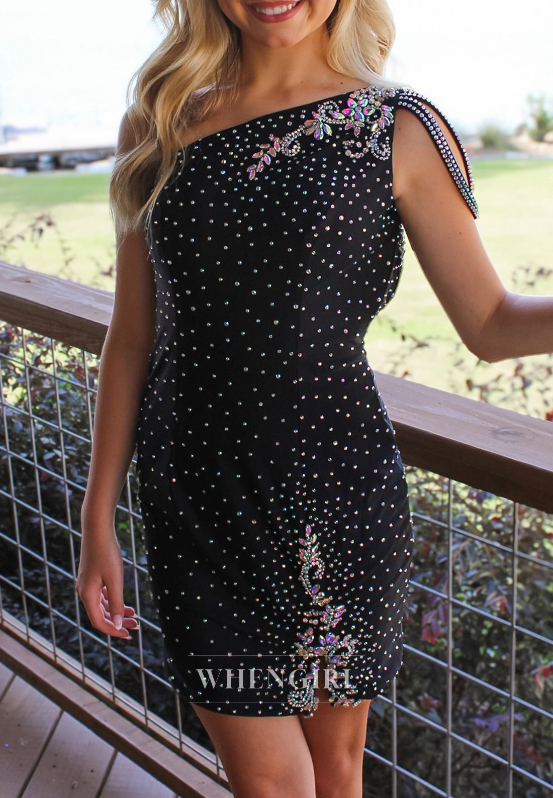 Black One Shoulder Rhinestones Beading Sleeveless Sheath Short Homecoming Dress