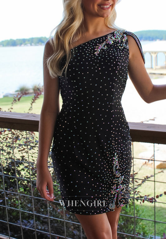 Black One Shoulder Rhinestones Beading Sleeveless Sheath Short Homecoming Dress
