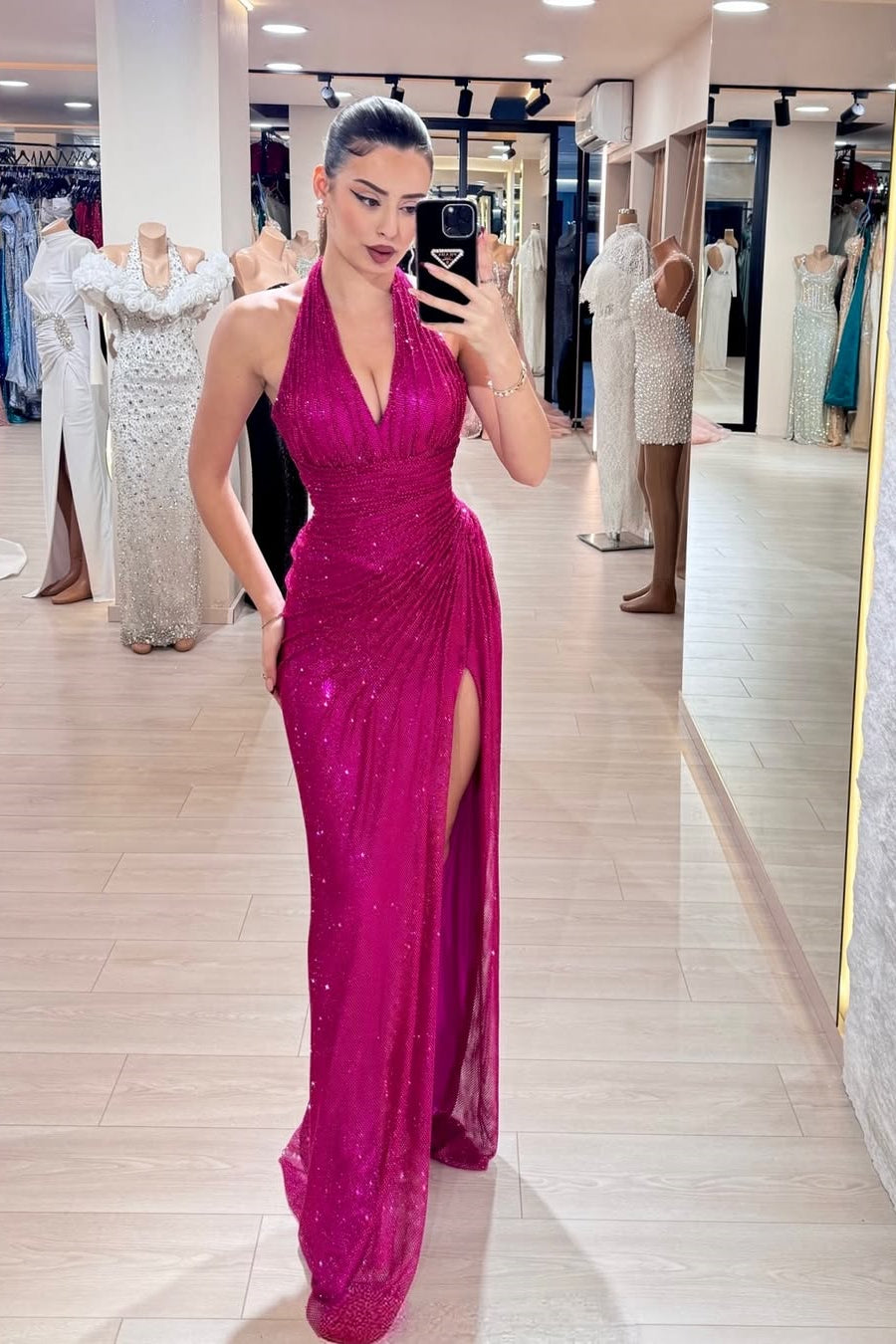 Gorgeous Raspberry Halter V-Neck Prom Dresses Sleeveless High Slit Pleats With Beadings