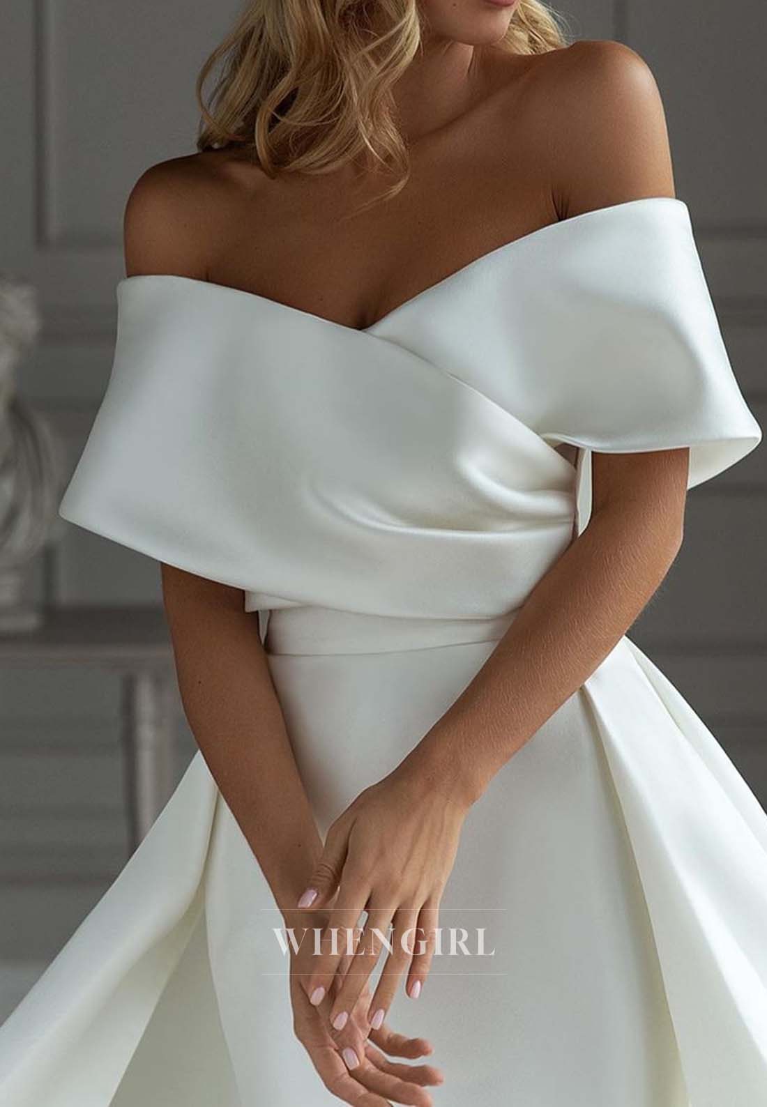 Simple Off Shoulder Sheath Ruched Court Train Wedding Dress