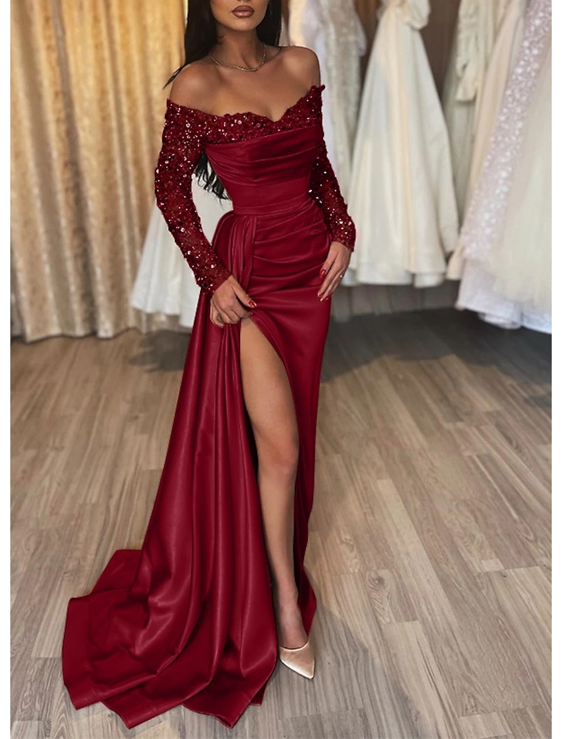 Sheath Off SHoulder Long Sleeves Pleated Long Prom Dress with Slit and Train