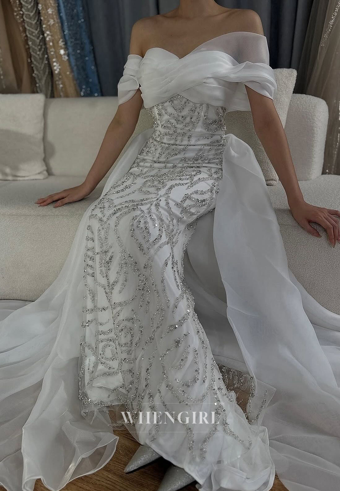 White Off Shoulder Ruched Formal Dress Beading Sheath Short Sleeves Sweep Trian Evening Gown
