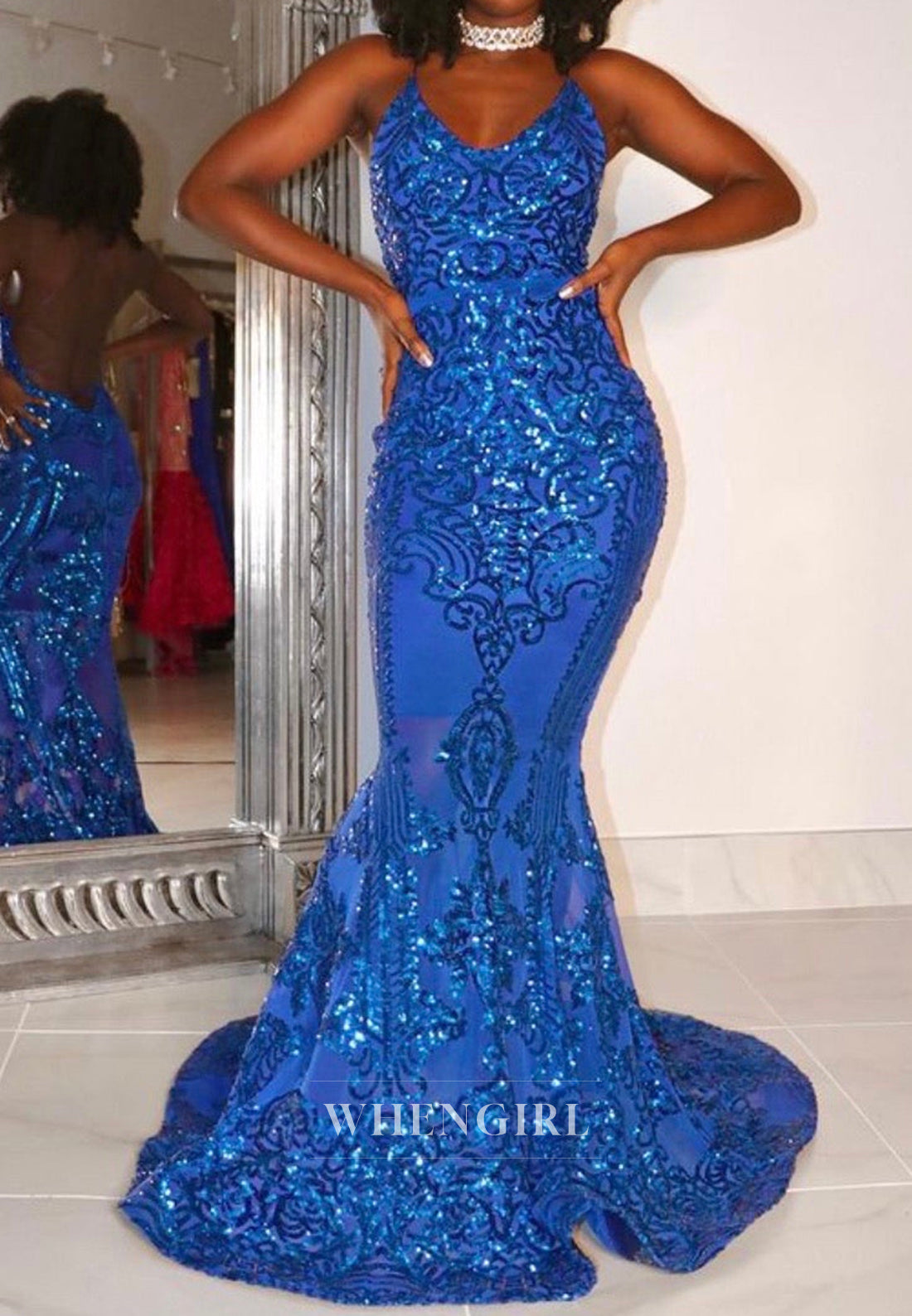 Sparkly V-Neck Mermaid Party Gowns Sleeveless Appliques Lace Prom Dress with Train