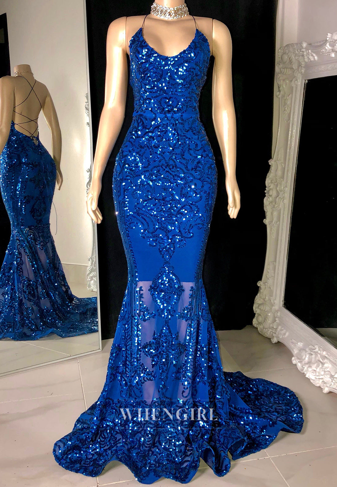 Sparkly V-Neck Mermaid Party Gowns Sleeveless Appliques Lace Prom Dress with Train