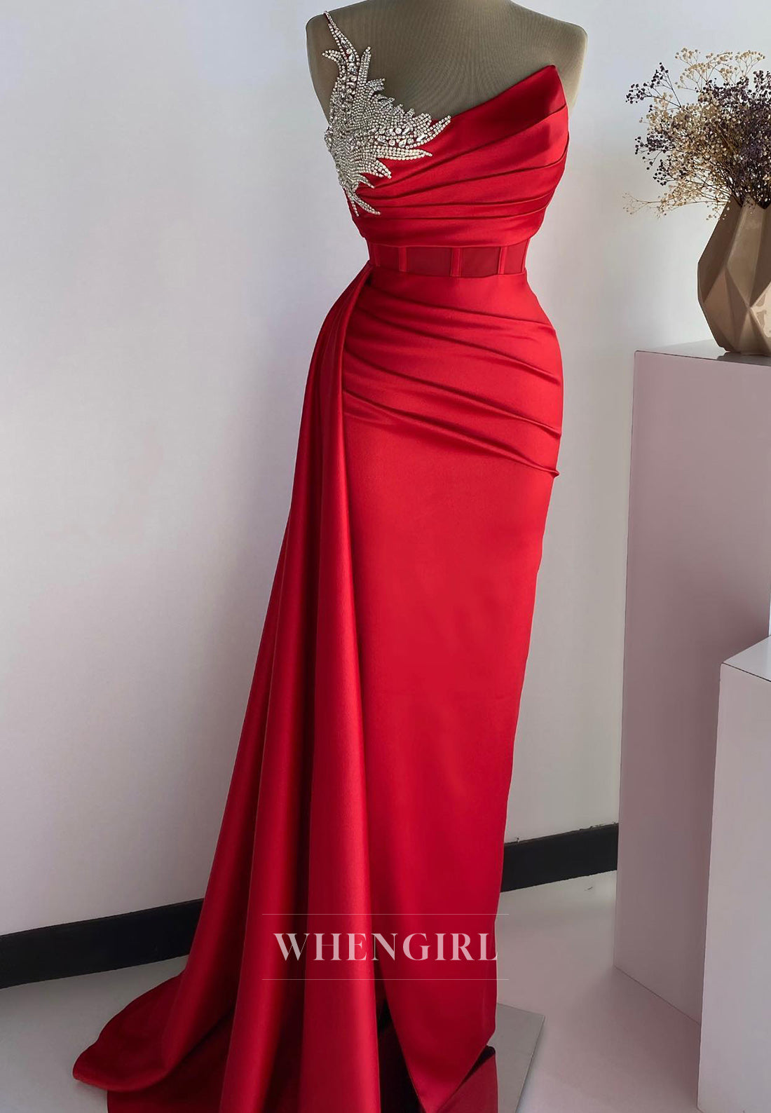 Gorgeous Strapless Sleeveless Sheath Pleats Satin Long Evening Party Gown with Beads