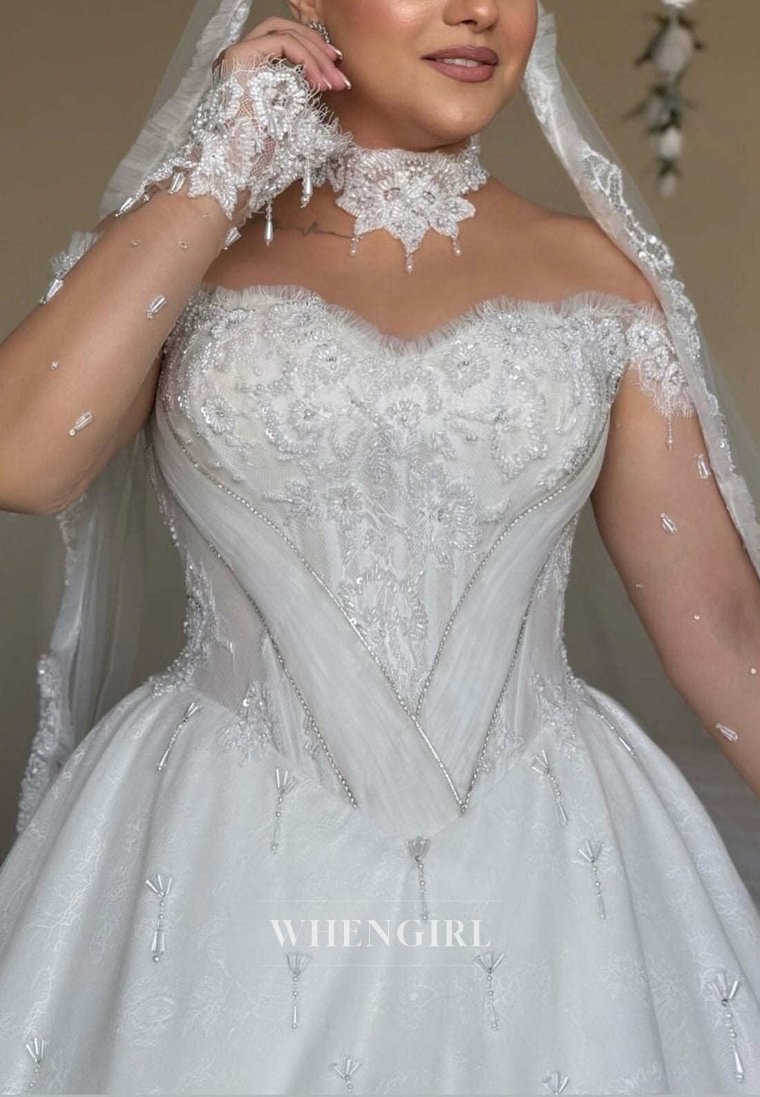 Sweetheart Long Sleeves Beaded Lace A-Line Long Wedding Dress
