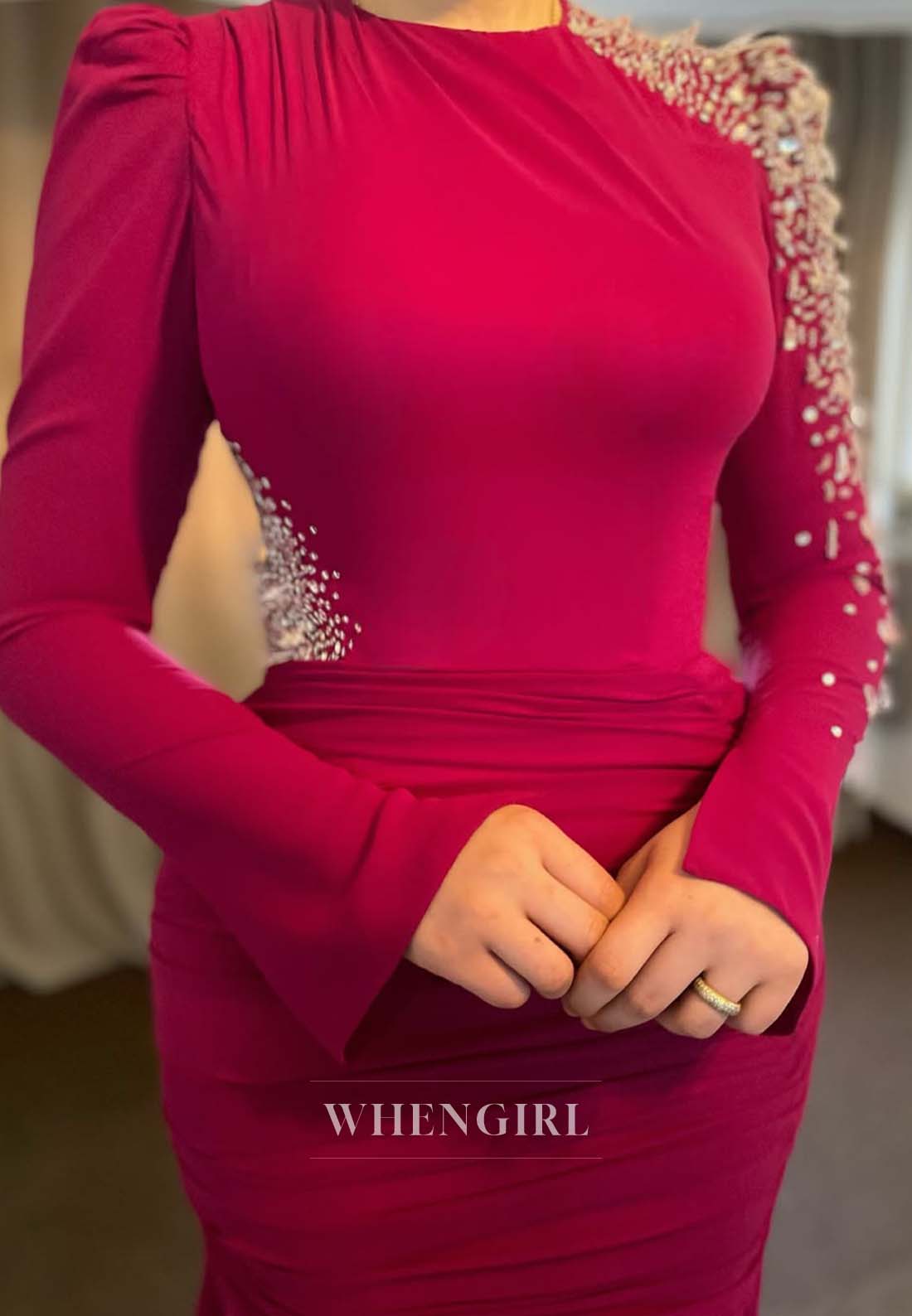Burgundy Bateau Neck Beaded Long Sleeves Pleated Mermaid Chiffon Long Formal Evening Dress
