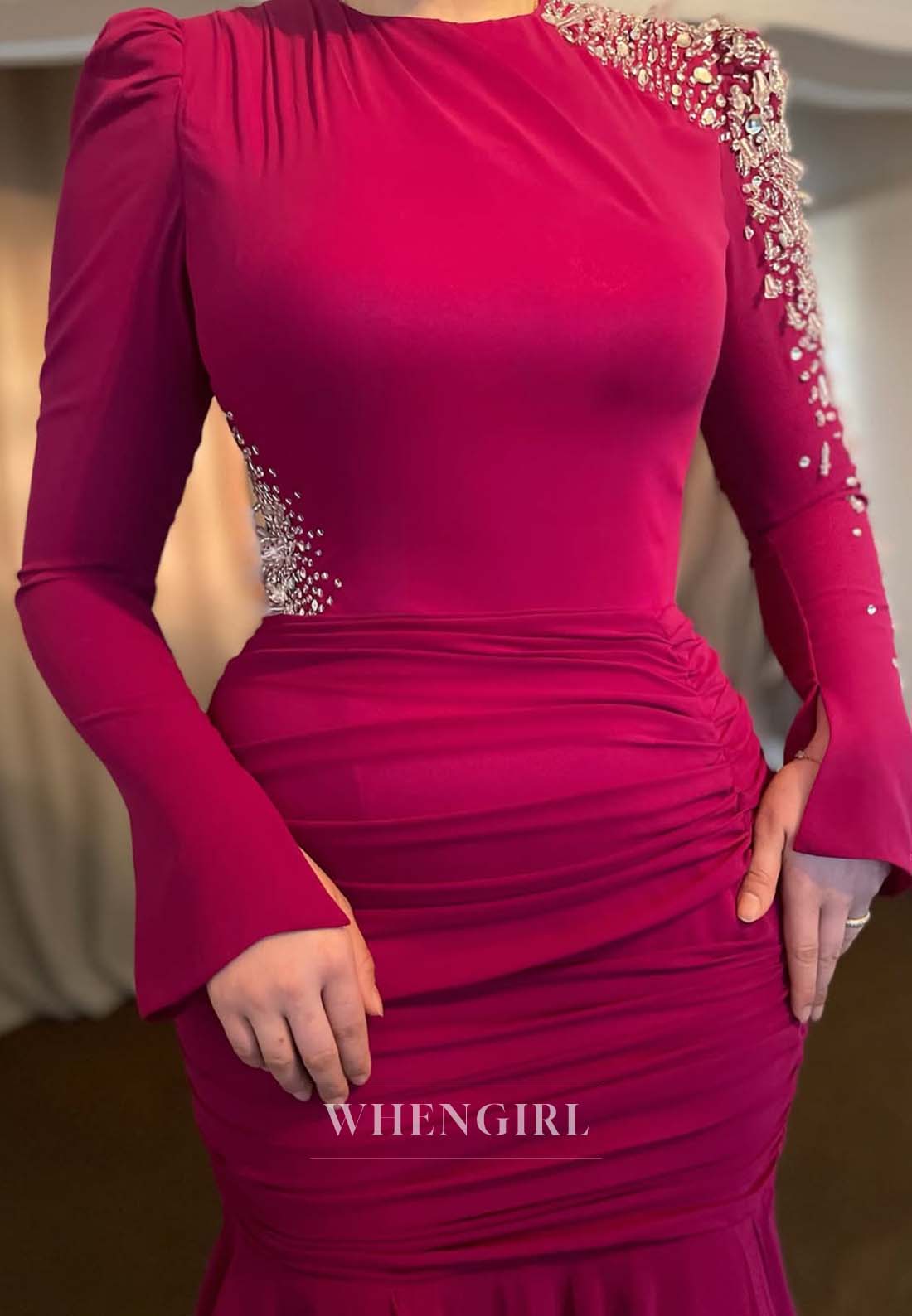 Burgundy Bateau Neck Beaded Long Sleeves Pleated Mermaid Chiffon Long Formal Evening Dress