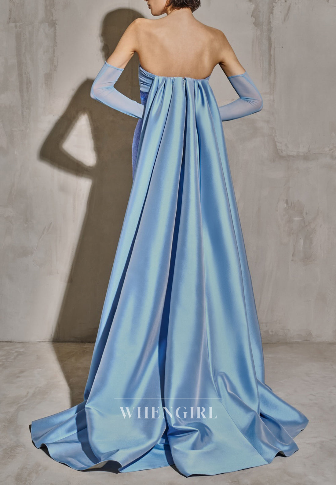 Ocean Blue Tube Top Pleated Sheath Stunning Formal Evening Dress with Train Gloves