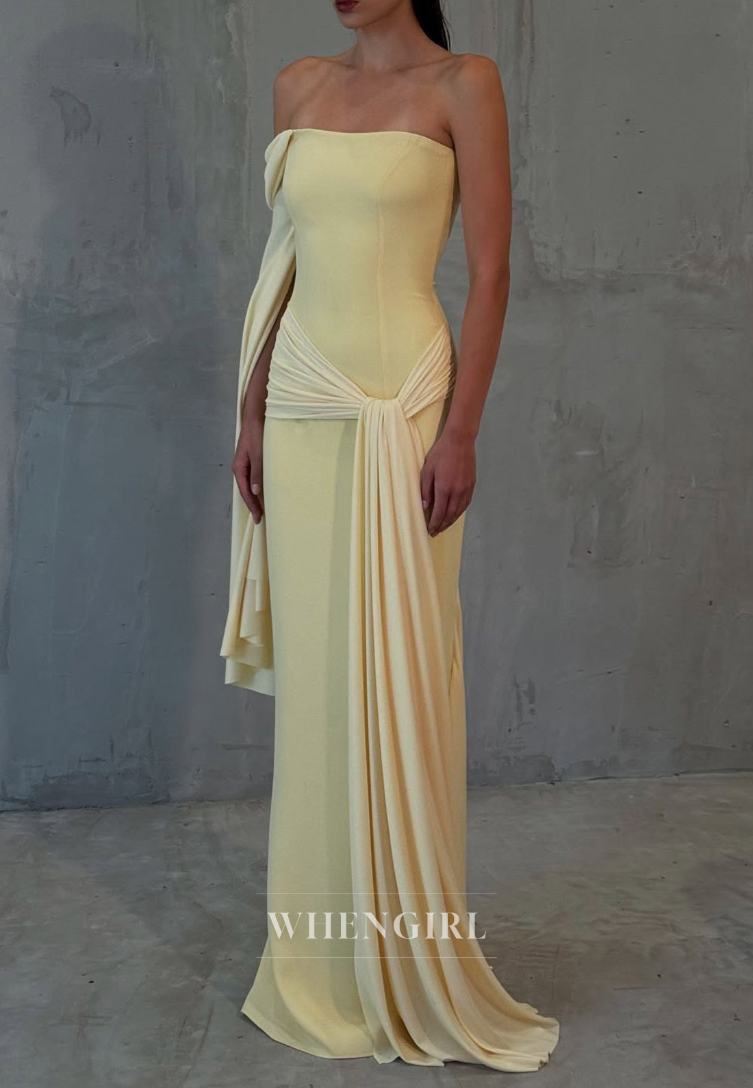 Daffodil Long Single Sleeve Off Shoulder Pleated Sheath Sweep Train Evening Formal Dress