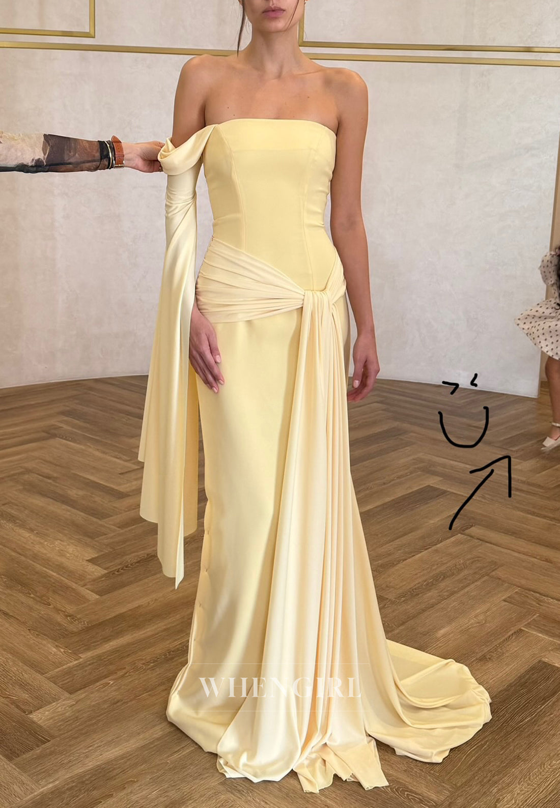 Daffodil Long Single Sleeve Off Shoulder Pleated Sheath Sweep Train Evening Formal Dress