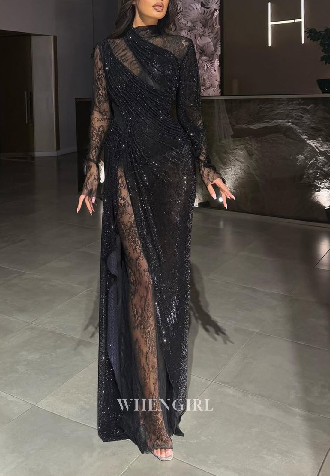 Black High Neck Long Sleeves Beaded Lace Long Sheath Formal Evening Gown