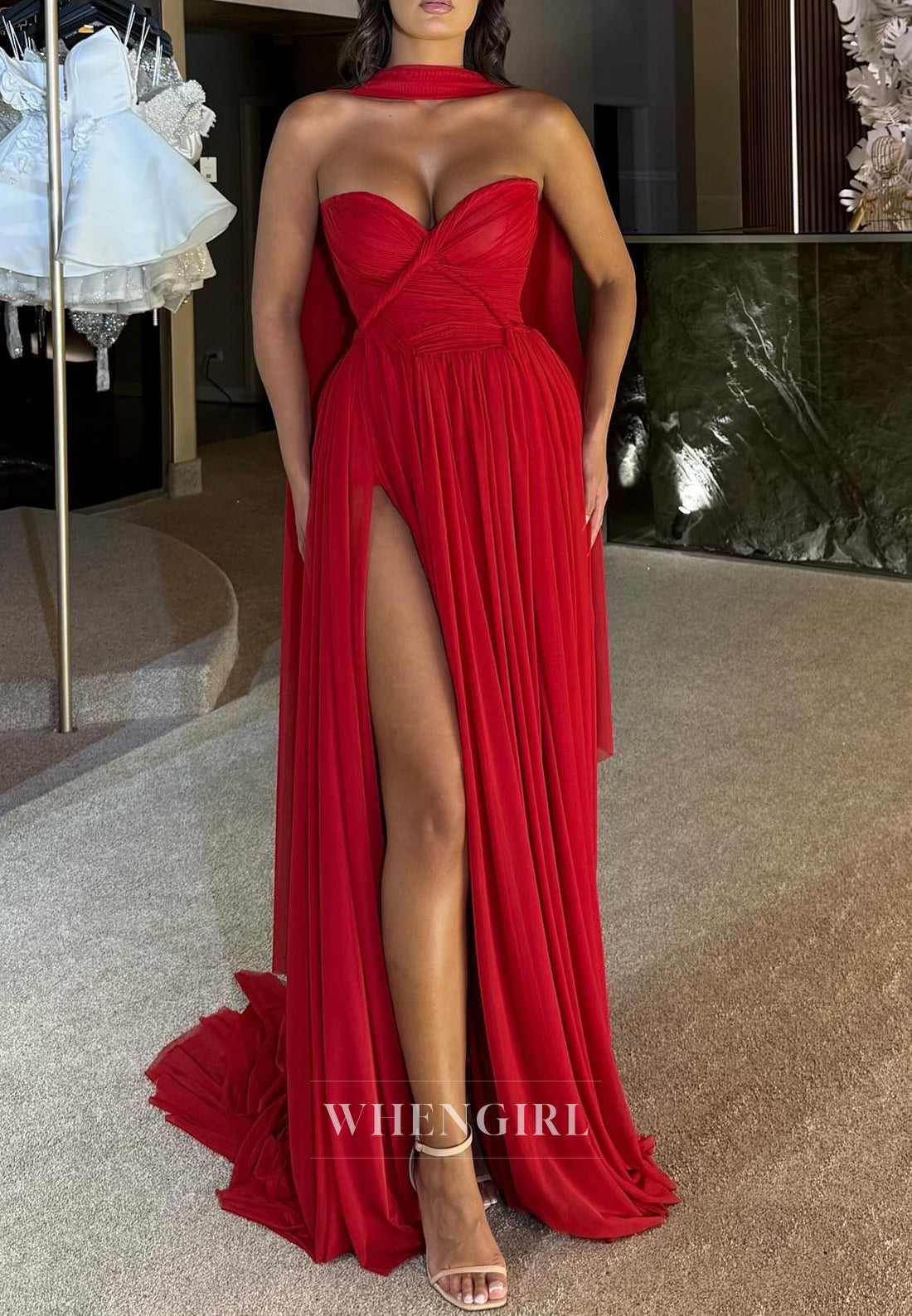 Red Sweetheart Sleeveless Side Slit Sheath Evening Formal Gown with Scarf
