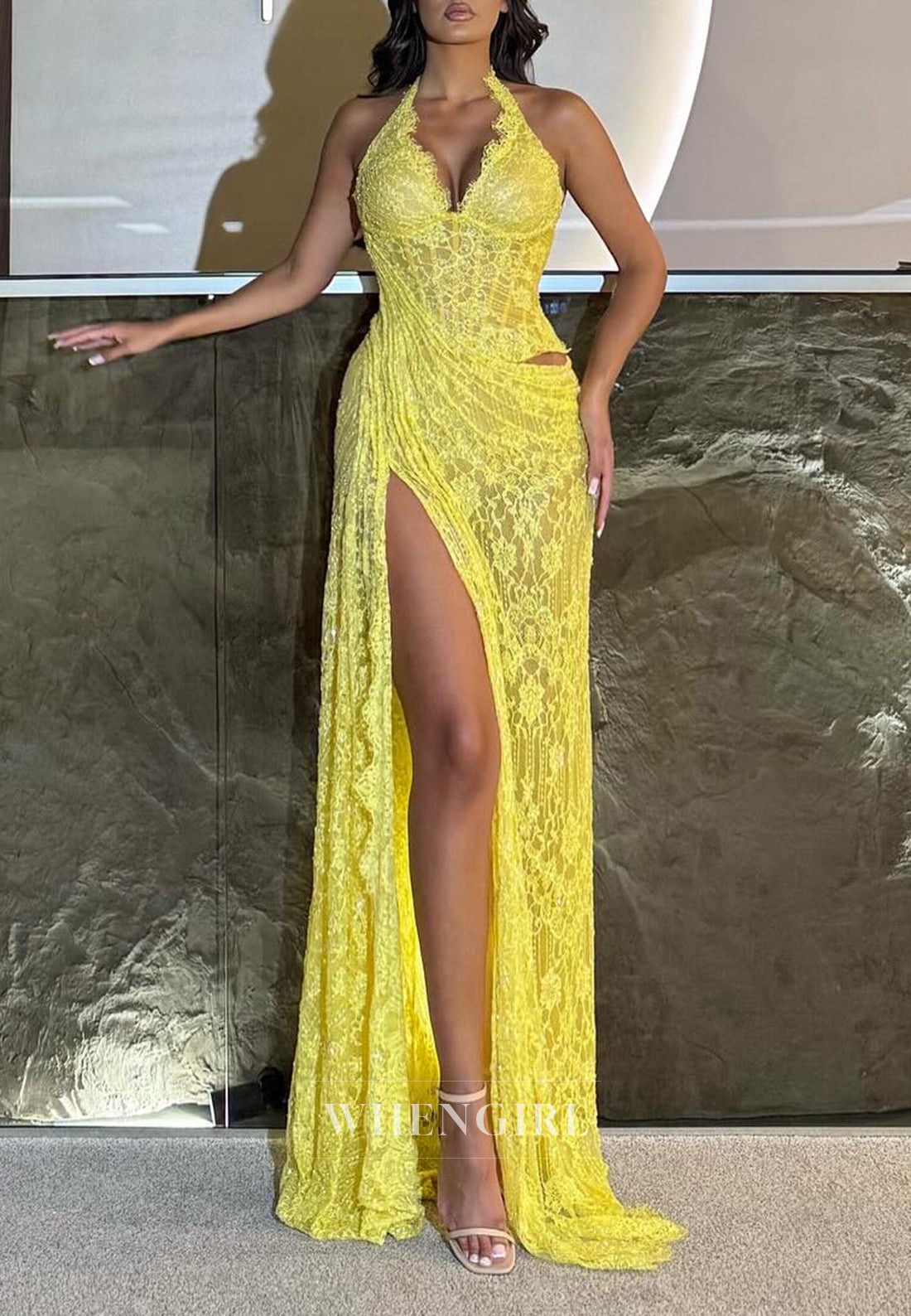 Yellow Halter Side Slit Cut Out Sleeveless Sheath Lace Formal Evening Gown