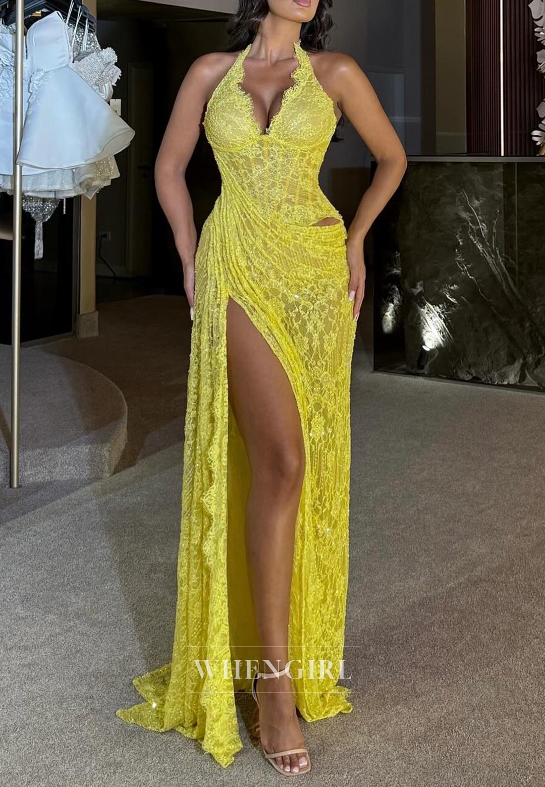 Yellow Halter Side Slit Cut Out Sleeveless Sheath Lace Formal Evening Gown