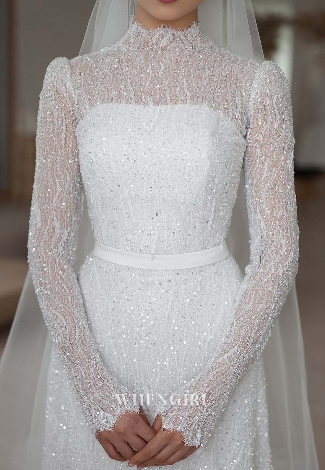High Neck Long Sleeves Beaded Sheath Sweep Train Empire Waist Wedding Dress