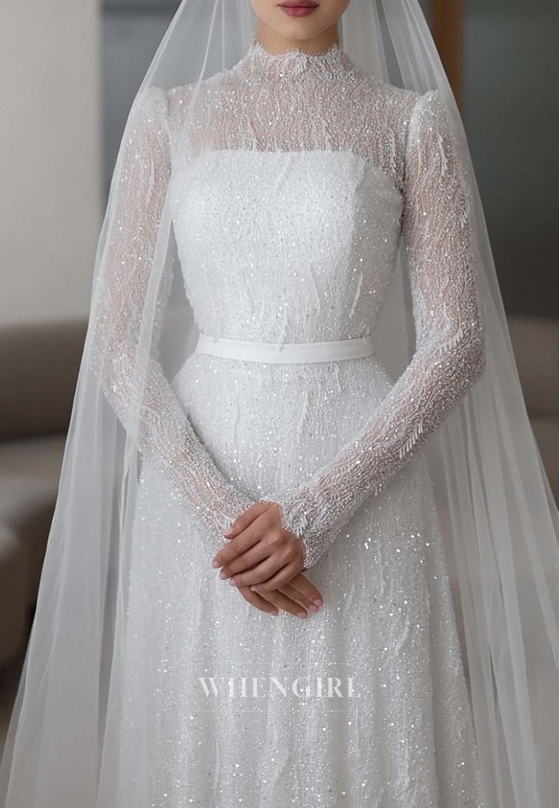 High Neck Long Sleeves Beaded Sheath Sweep Train Empire Waist Wedding Dress
