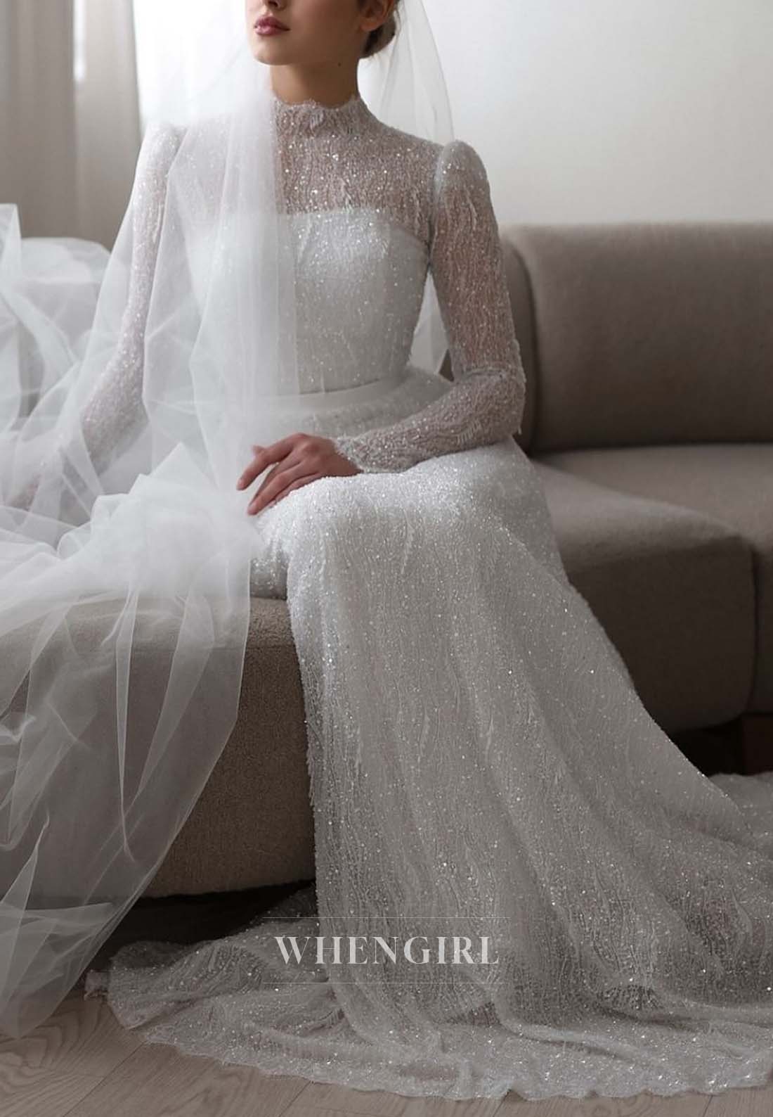 High Neck Long Sleeves Beaded Sheath Sweep Train Empire Waist Wedding Dress