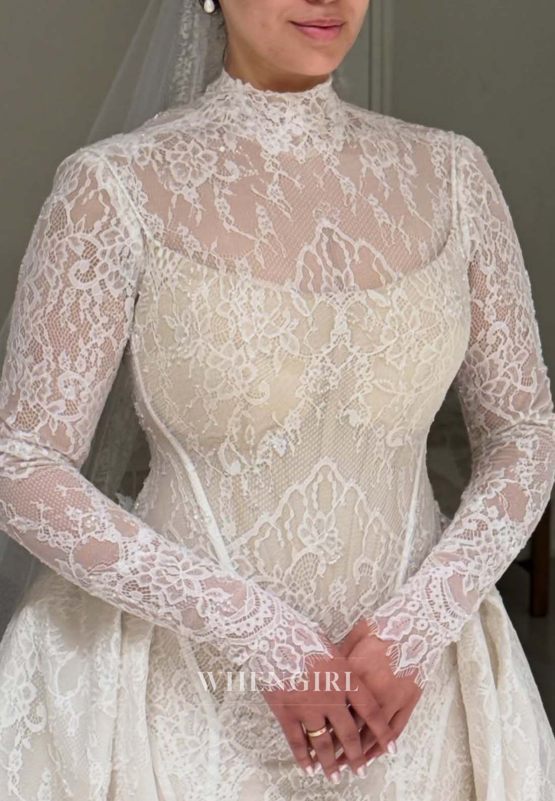 High Neck Long Sleeves Lace Sheath Chapel Train Back Zipper Wedding Dress