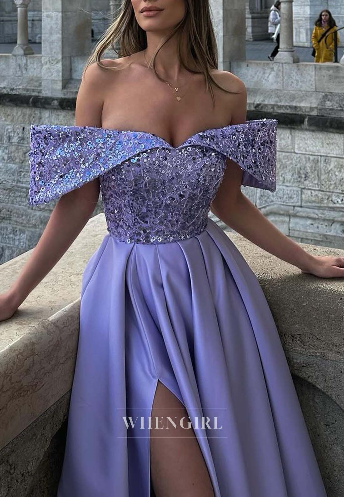 Violet Off Shoulder Beaded Evening Dress Side Slit Sleeveless A-Line Formal Dress