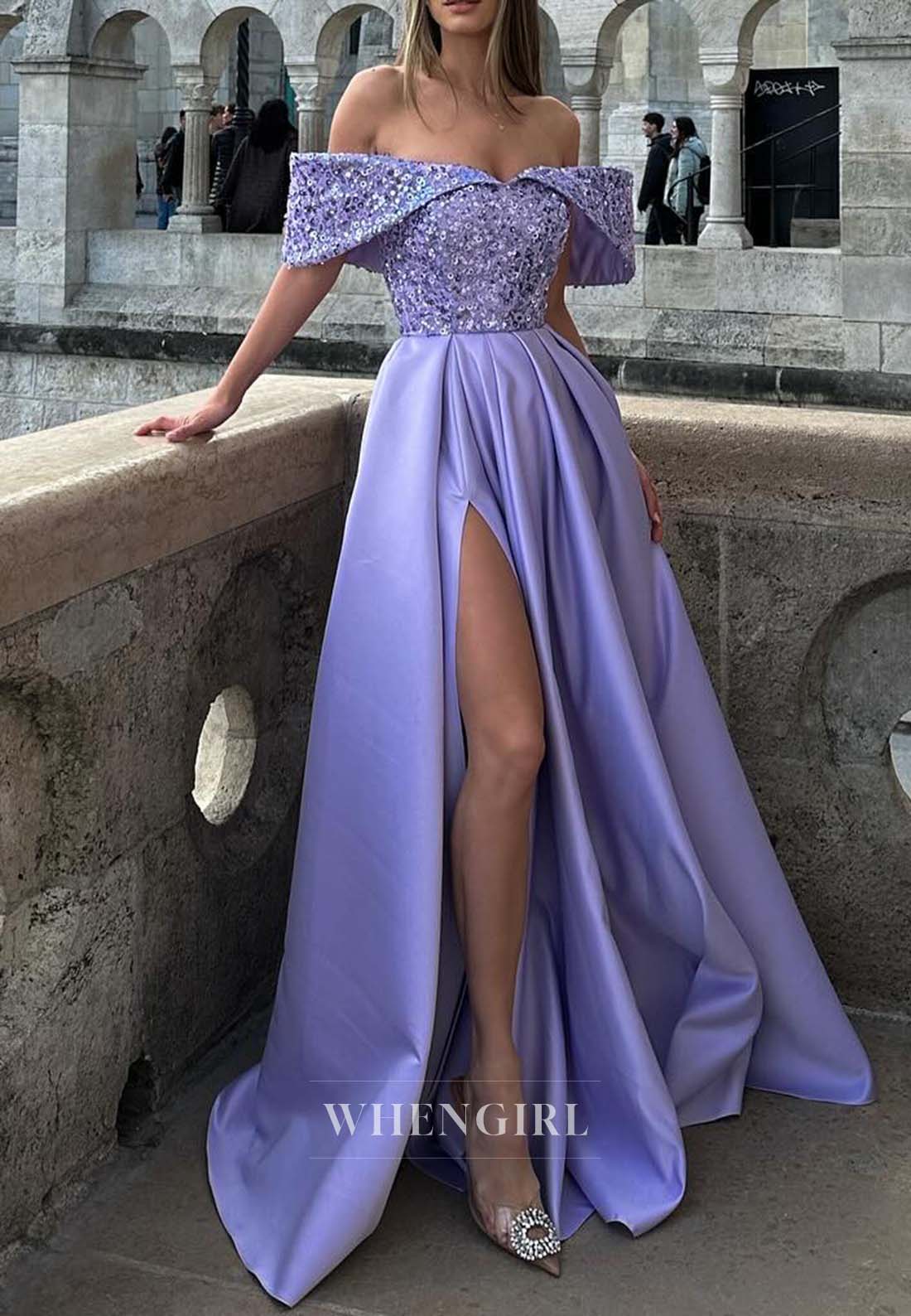 Violet Off Shoulder Beaded Evening Dress Side Slit Sleeveless A-Line Formal Dress
