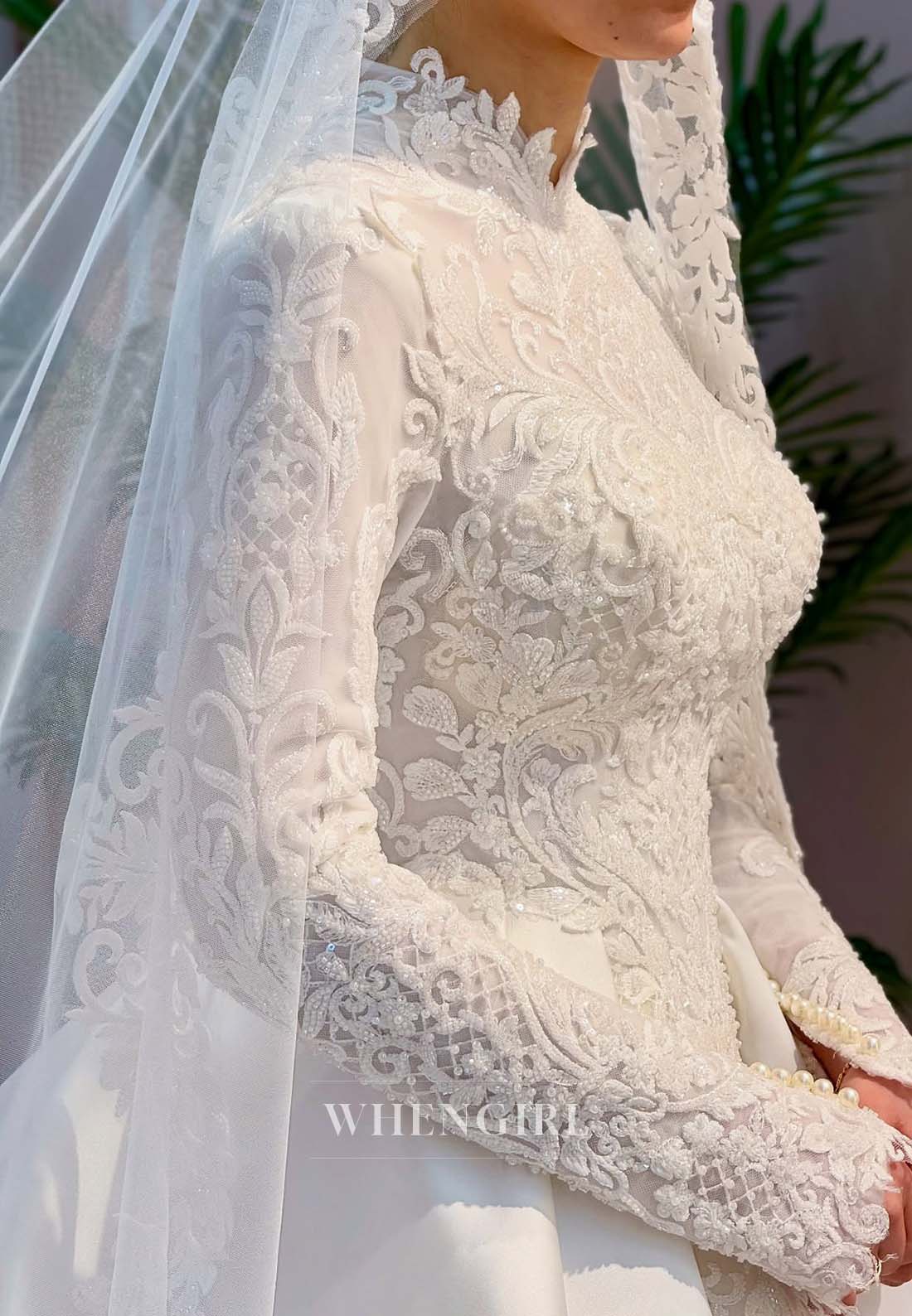High Neck Long Sleeves Beaded Lace A-Line Satin Court Train Wedding Dress with Viel