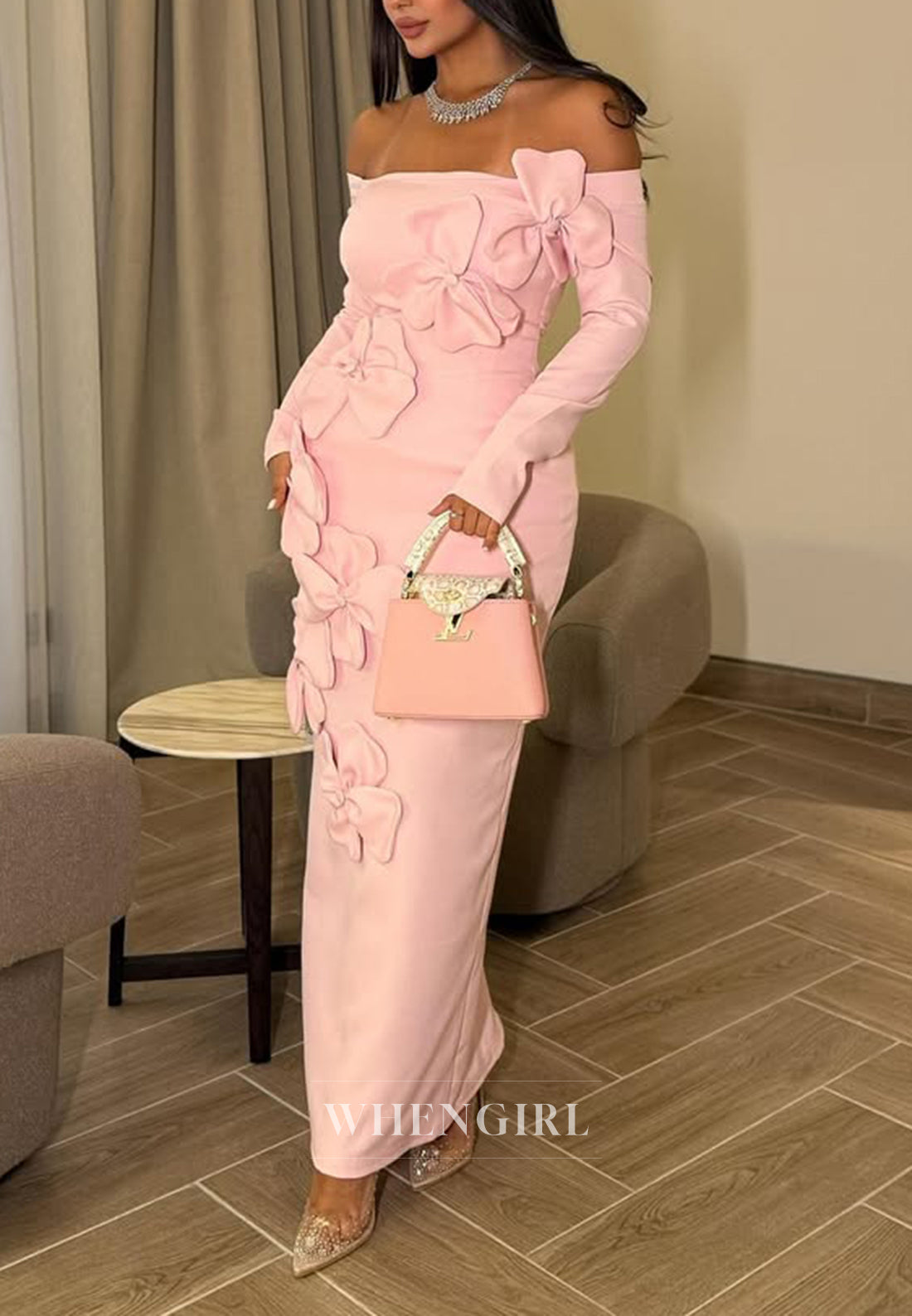 Light Pink Off shoulder Floral Sheath Formal Evening Dress with Long Sleeves