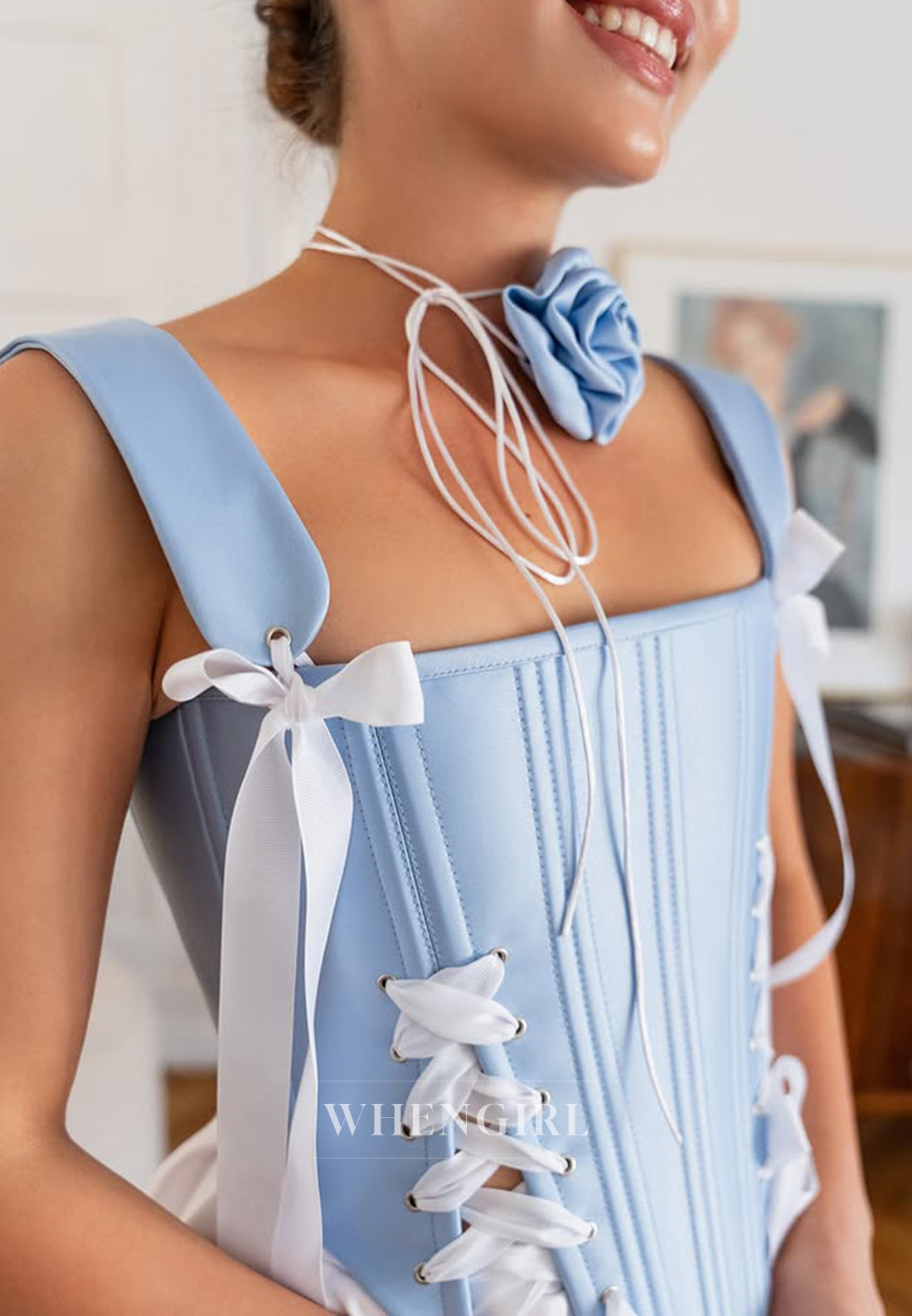 Blue and White Square Neck Bowknot Sleeveless A-Line Homecoming Dress
