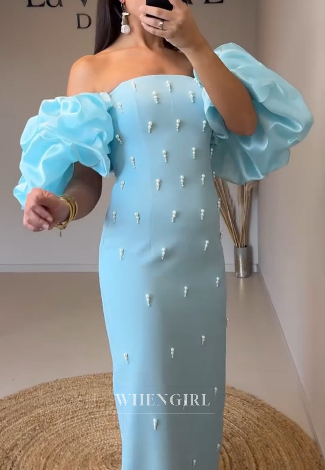 Sheath Off Shoulder Short Puff Sleeves Beaded Pearls Long Evening Formal Dress