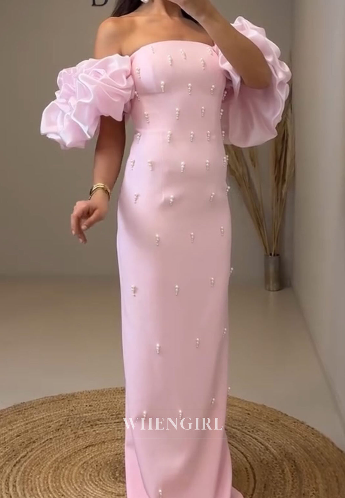 Sheath Off Shoulder Short Puff Sleeves Beaded Pearls Long Evening Formal Dress