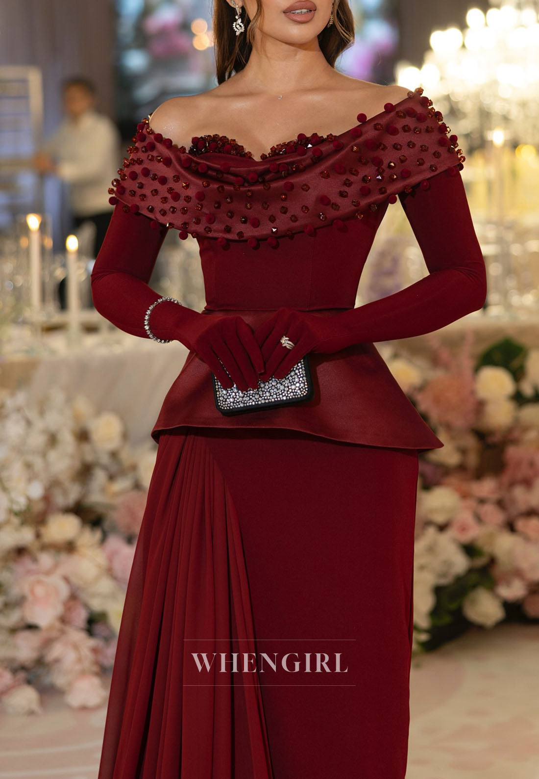 Burgundy Long Sleeves Off Shouler Beaded Sheath Floor Length Evening Dress