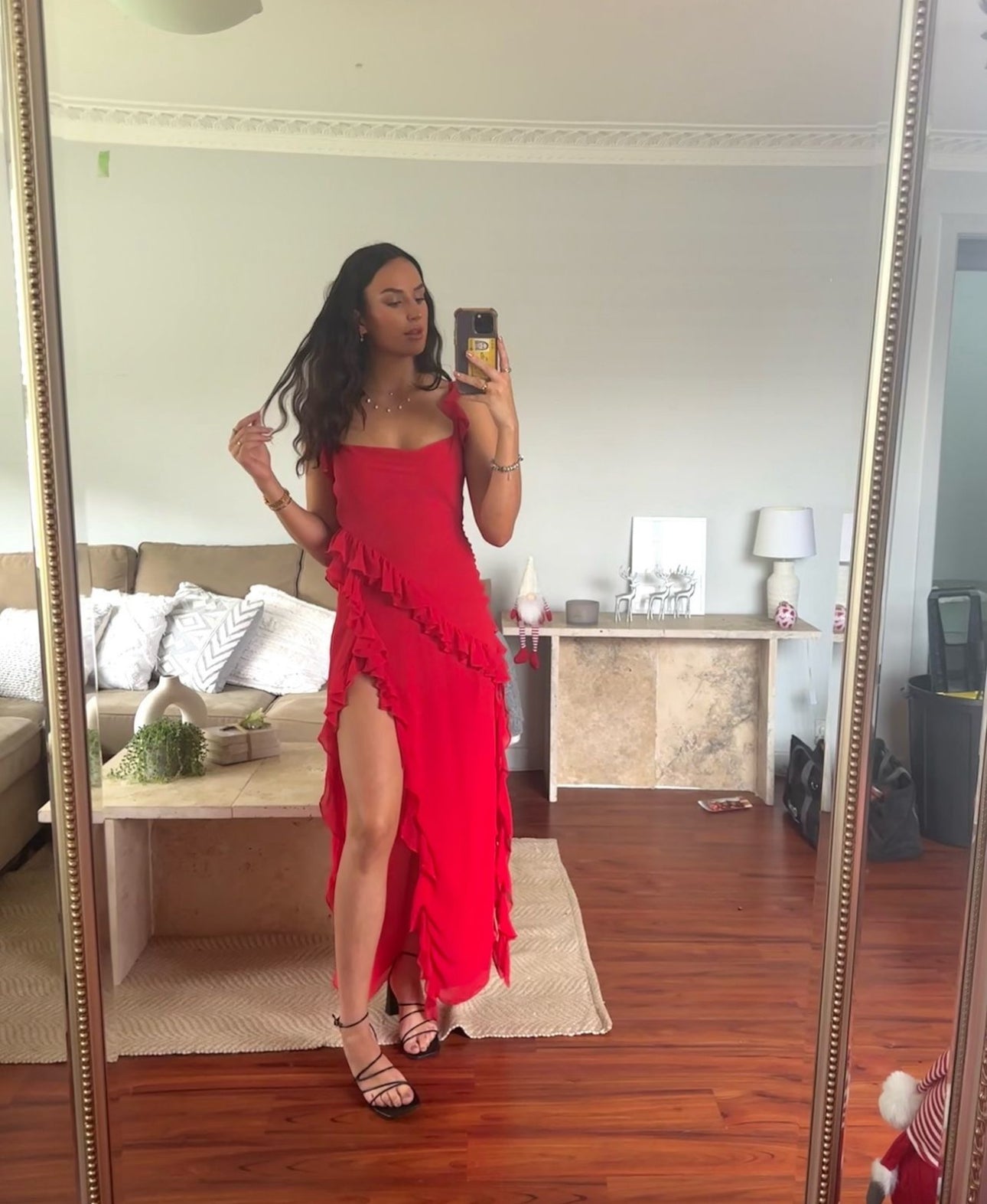 Red Slit Ruffles Sheath Ankle Length Prom Dress