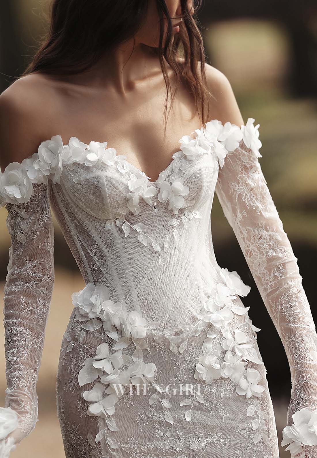Sweetheart Long Sleeves Off Shoulder Appliqued Lace Mermaid Wedding Dress with Sweep Train
