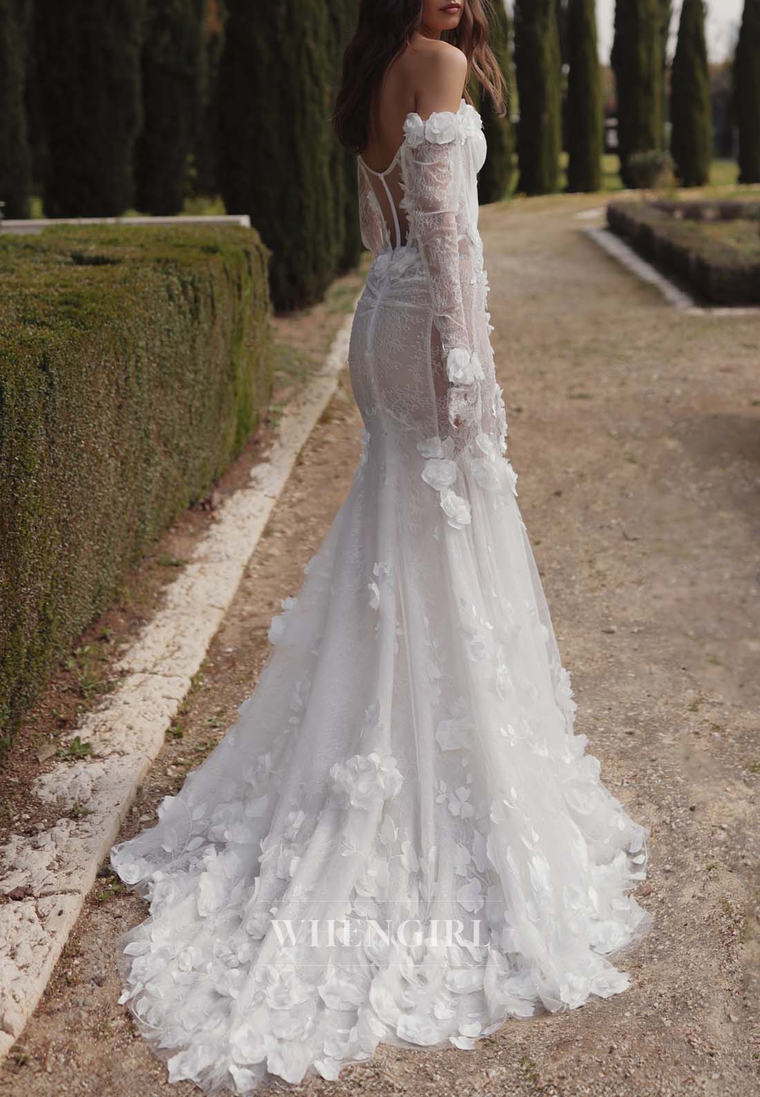 Sweetheart Long Sleeves Off Shoulder Appliqued Lace Mermaid Wedding Dress with Sweep Train