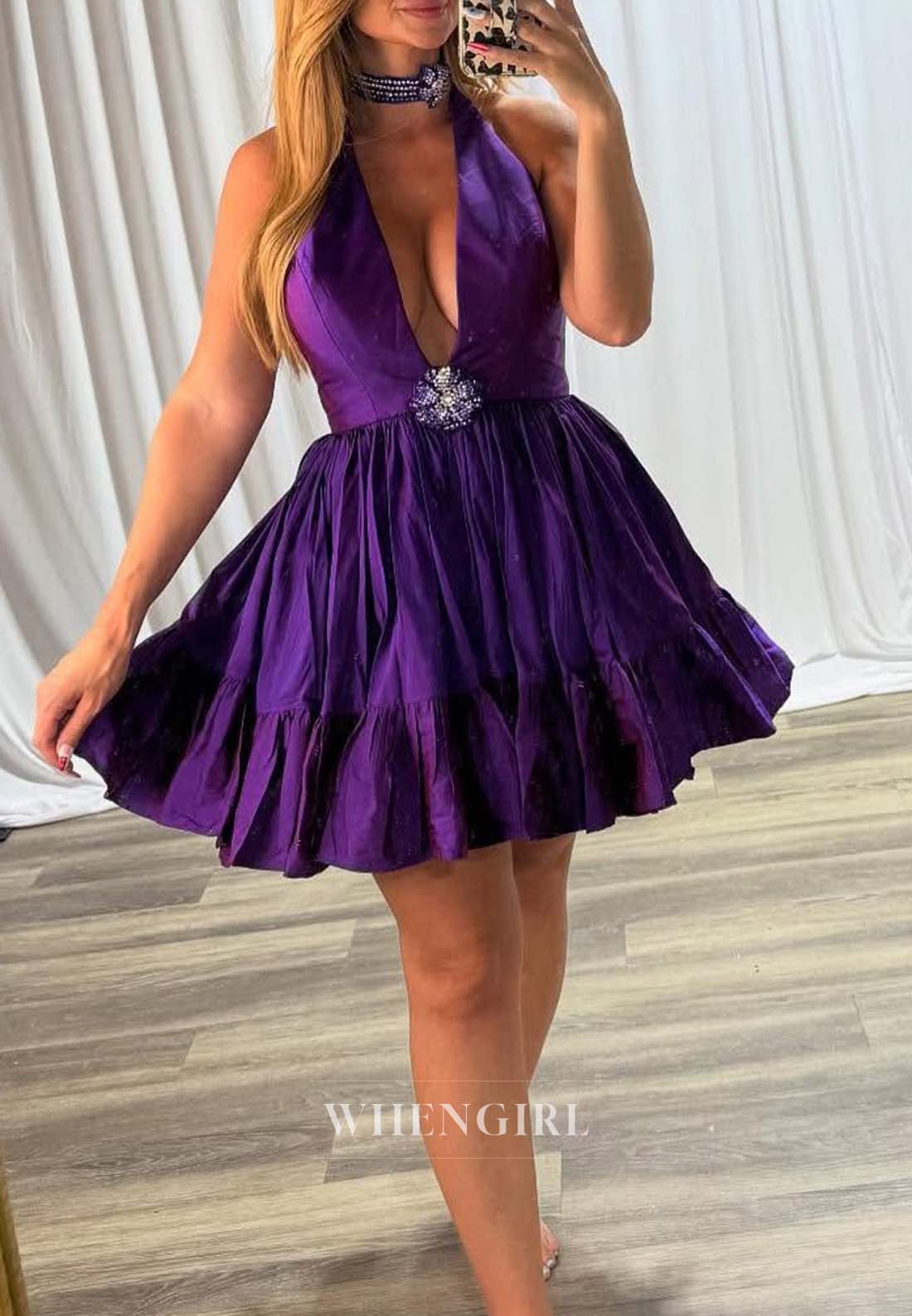 Regency Halter V Neck Sleeveless Beaded A-Line Shport Homecoming Dress