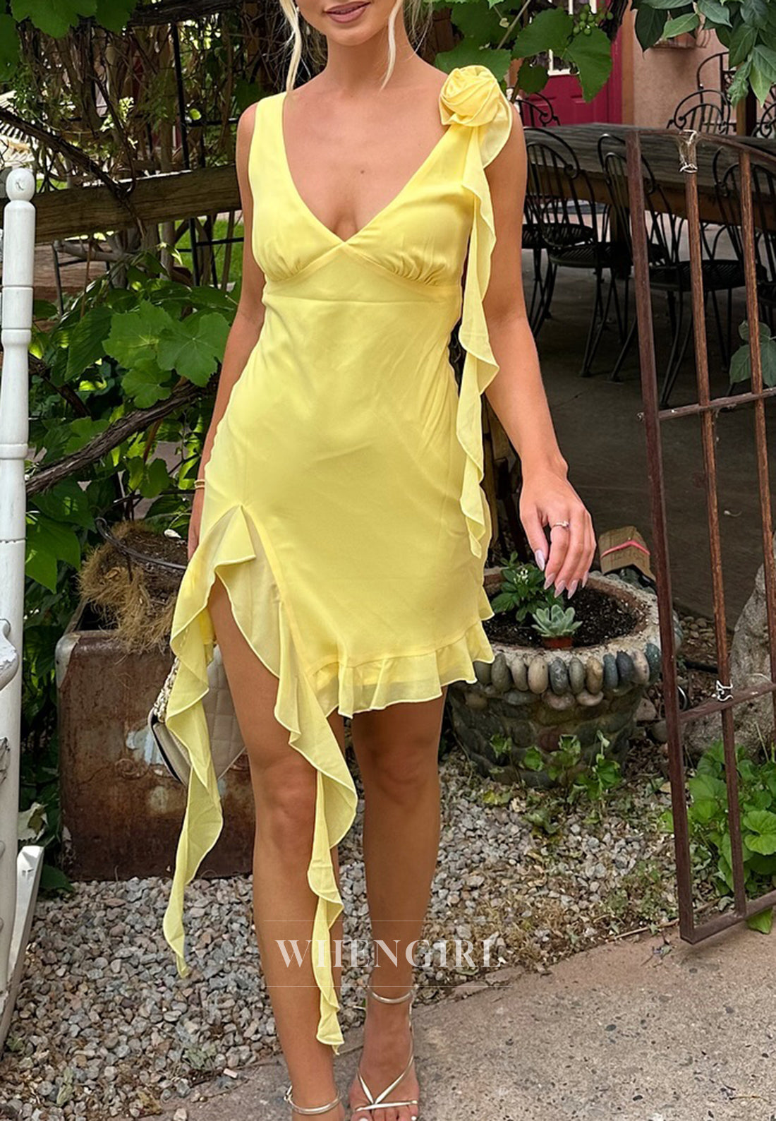 Daffodil V Neck 3D Flower Side Slit Ruffles Sheath Short Homecoming Dress