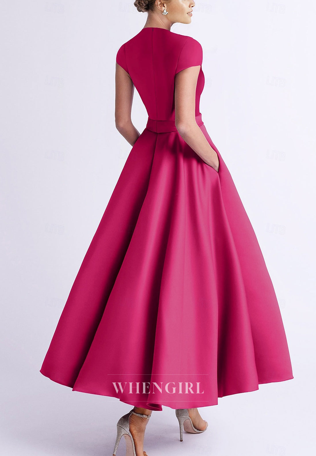 A-Line Flower Cap Sleeves V Neck Back Zipper Mother of the Bride Dress