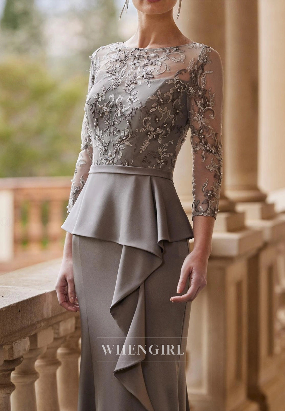 Sheath 3/4 Sleeves Bateau Neck Appliqued Ruffles Mother of the Bride Dress Evening Dress