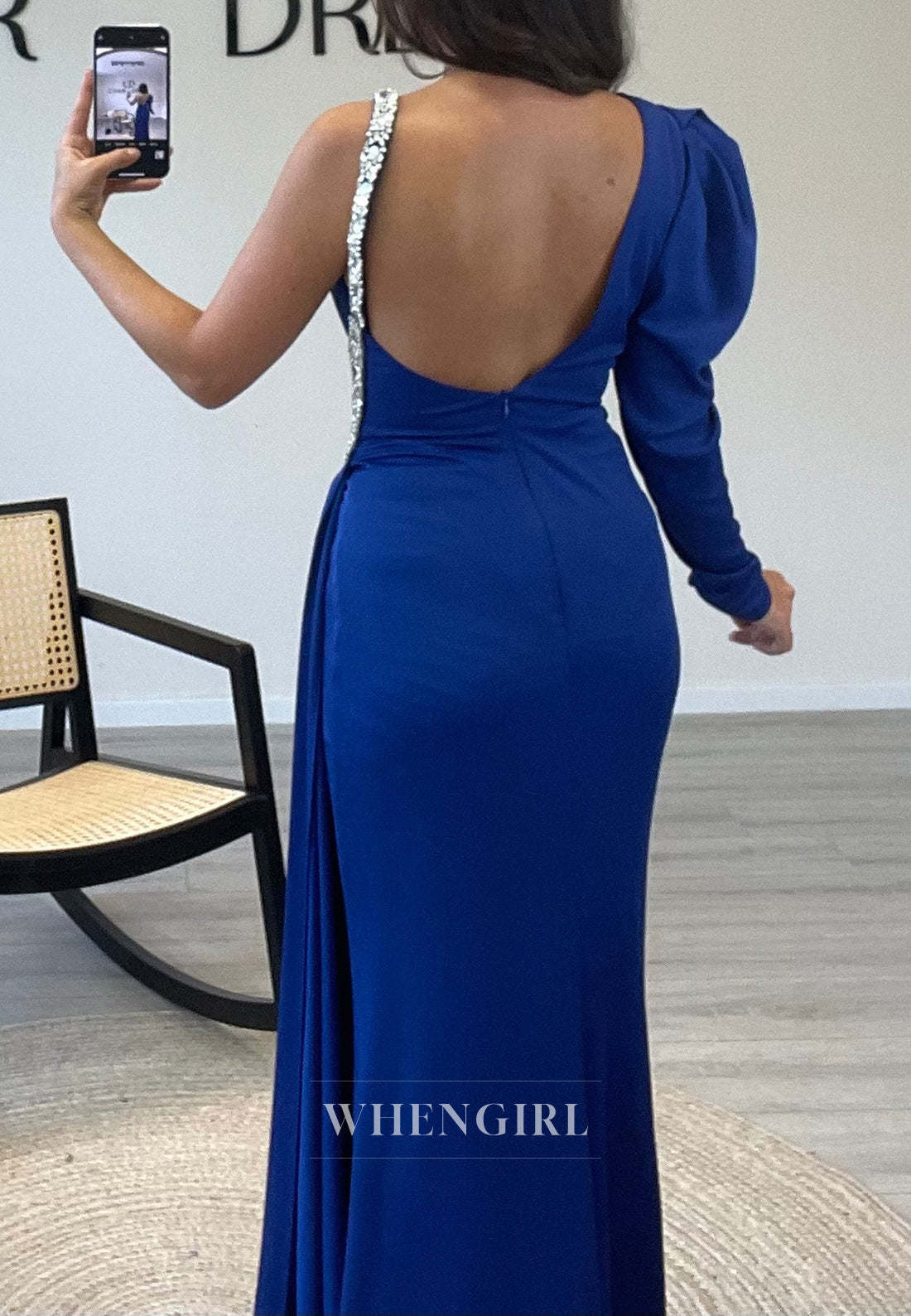 V Neck Low Back Mermaid Evening Dress Rhinestone Side Slit Waist Cut Out Formal Gown