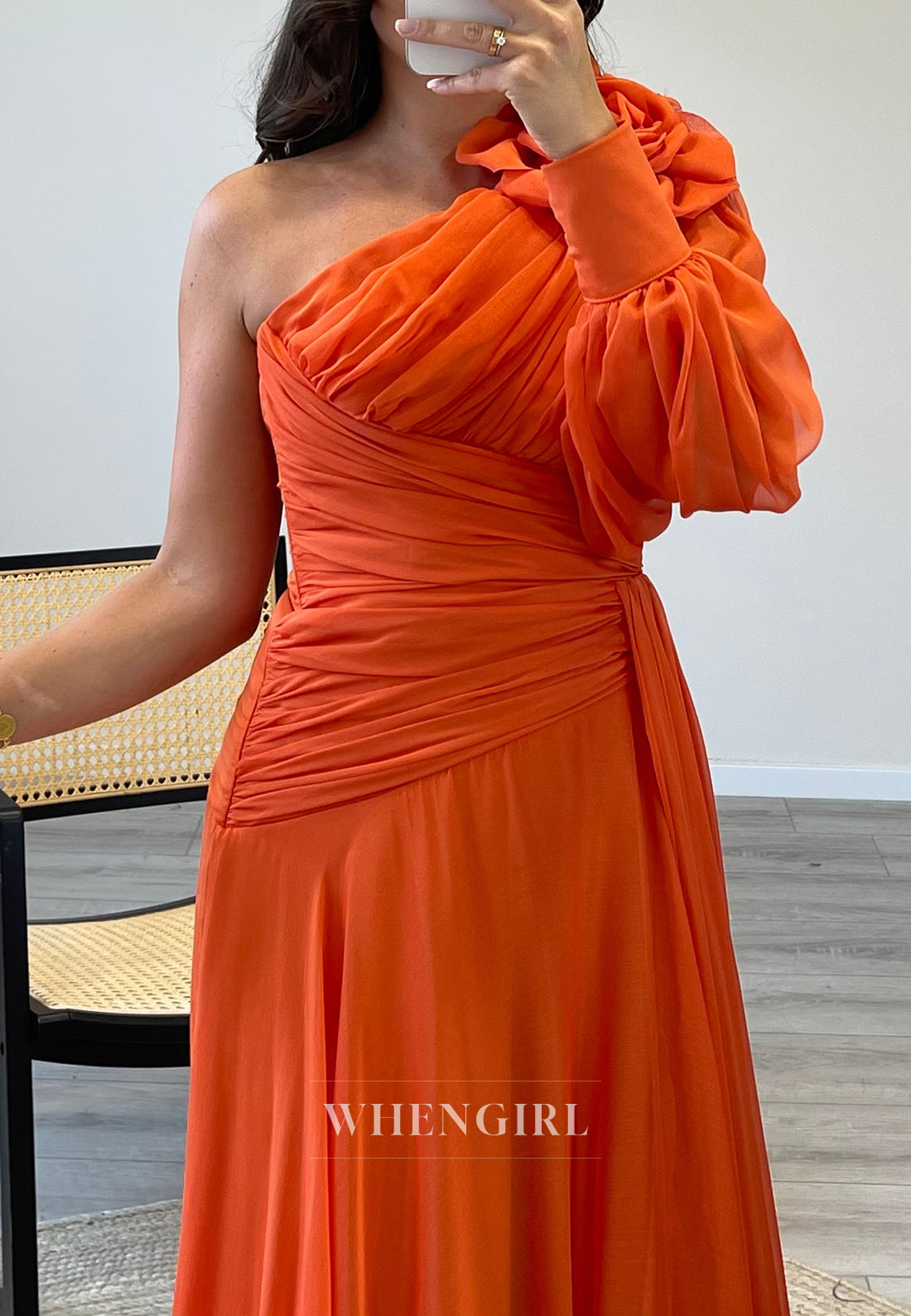 A-Line One Shoulder Side Slit Sweep Train Pleated Formal Evening Gown with Long Sleeve