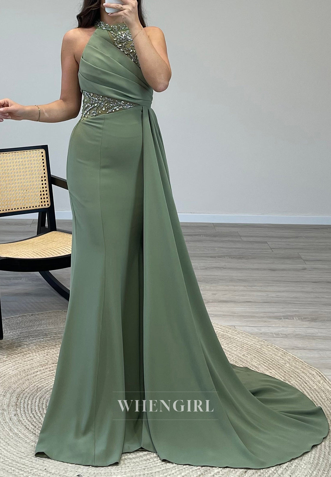 Mermaid Sweep Train Sleeveless Evening Dress Pleated Beade Halter Formal Gown